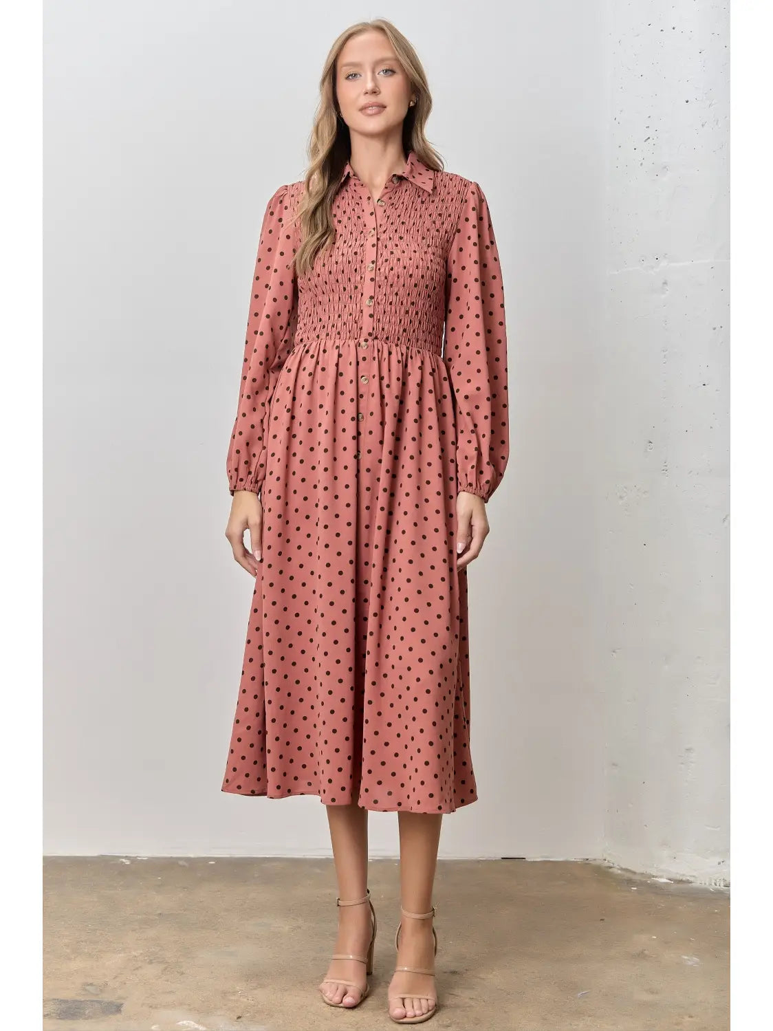 Dusty Rose Polka Dot Midi Dress