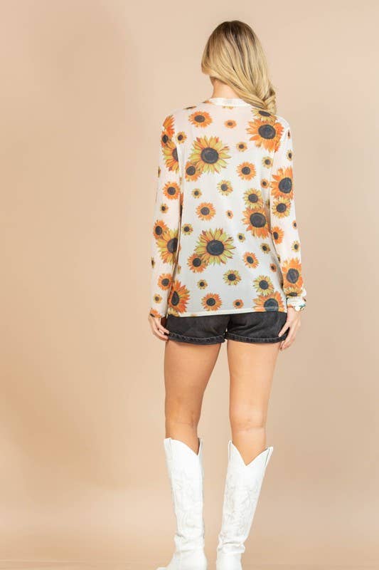 AV1230-MIRANDA SUNFLOWER PRINT SEMI SHEER MESH TOP