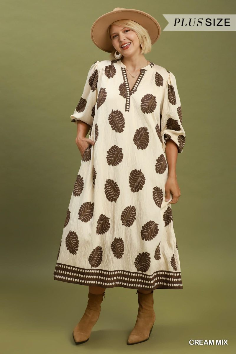 Earthy Elegance Plus Size Leaf Print Midi Dress