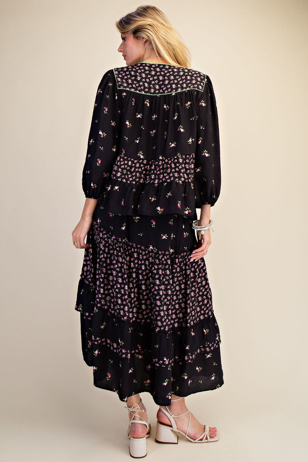 FLORAL BLACK> MIX PRINT BLOSSOM TIERED MIDI SKIRT