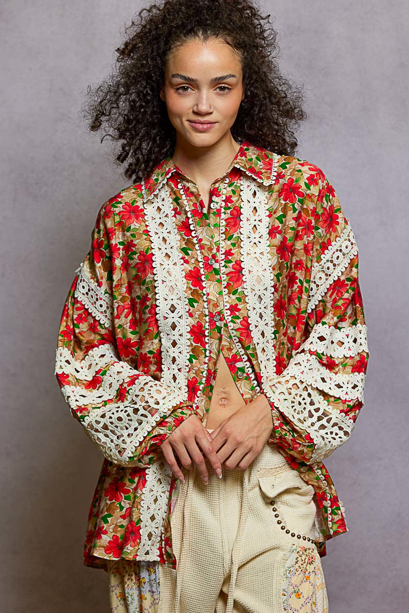 Red Floral Crochet Lace Trim Oversized Button-Down Blouse