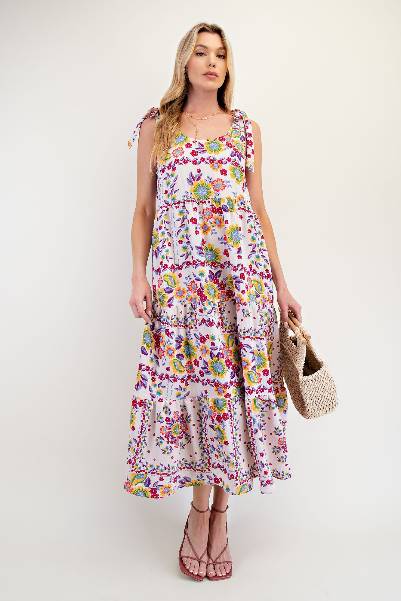 BLUSH PLUM PRINTED RAYON NYLON TIERED MAXI DRESS