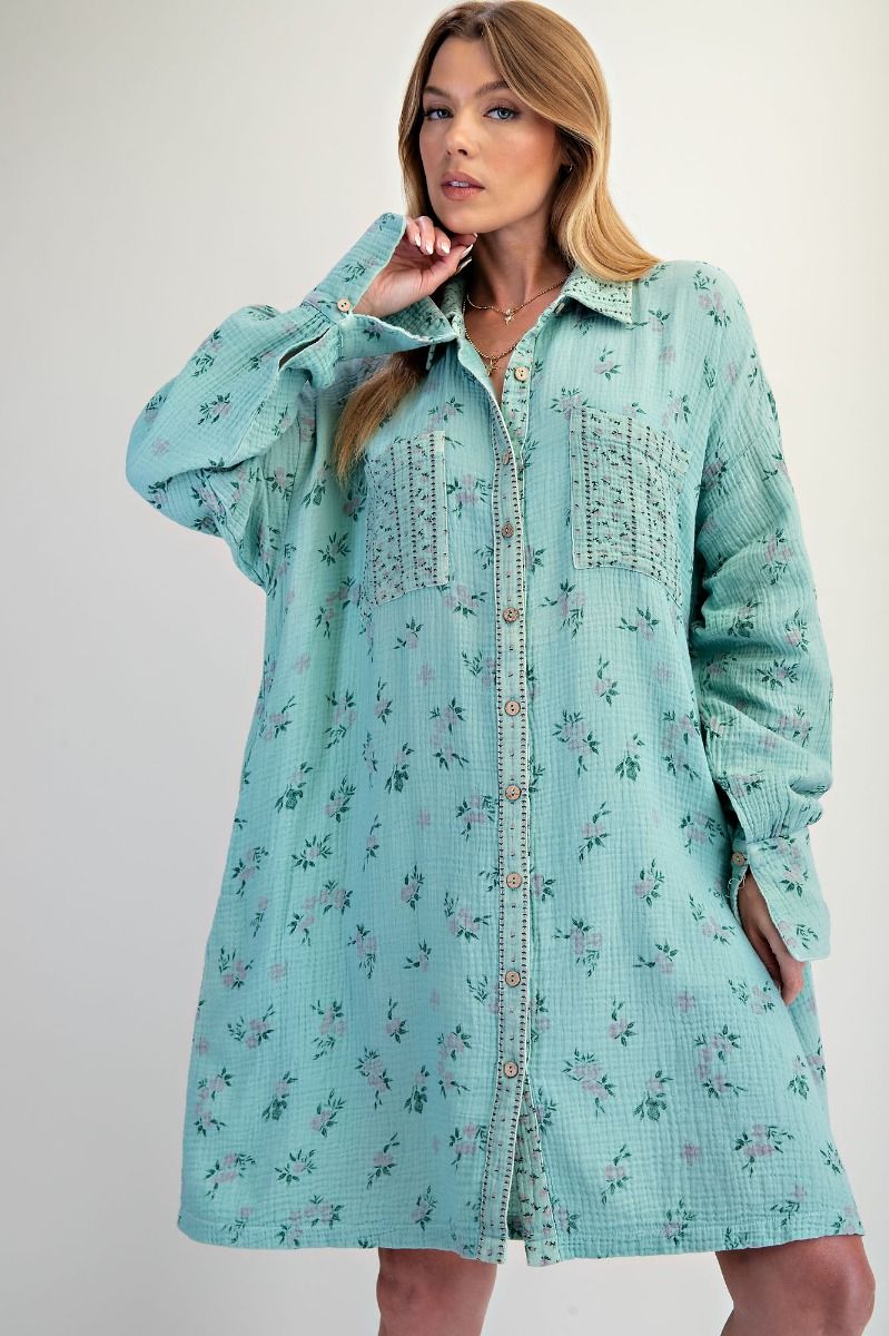 PRINTED COTTON GAUZE WASHED SHIRT DRESS> PLUS SIZE: BLUE AND FLORAL