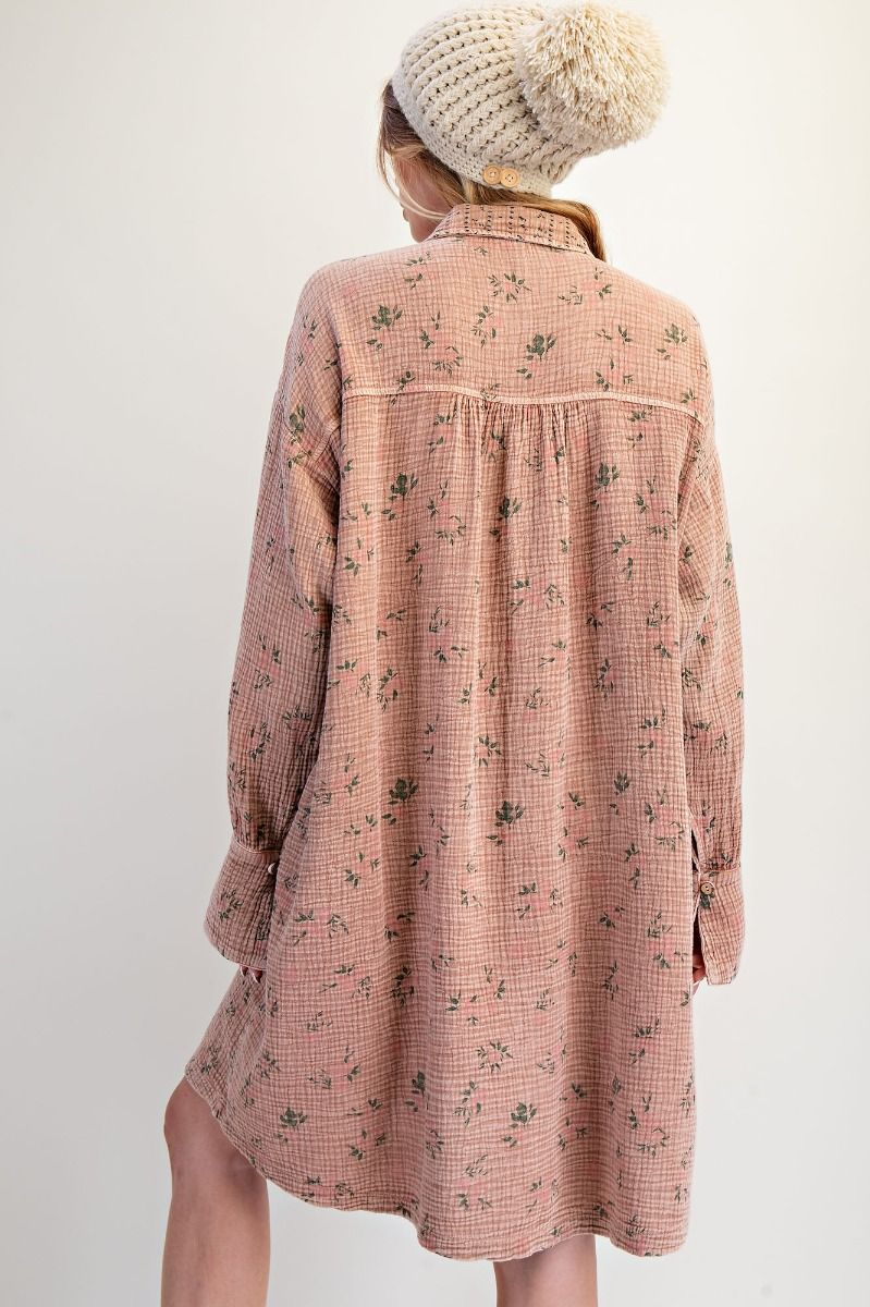 TAN GAUZE 100% COTTON FLORAL DRESS