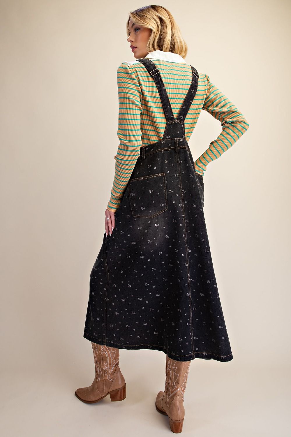 Tiny Floral Print Overall Midi Jean Jumper in Brown, Black and Jean