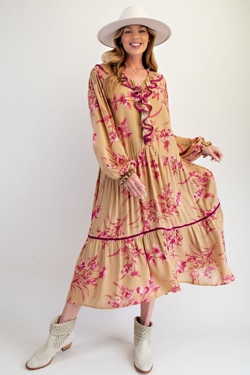Camel Floral Ruffle Trim Midi Dress