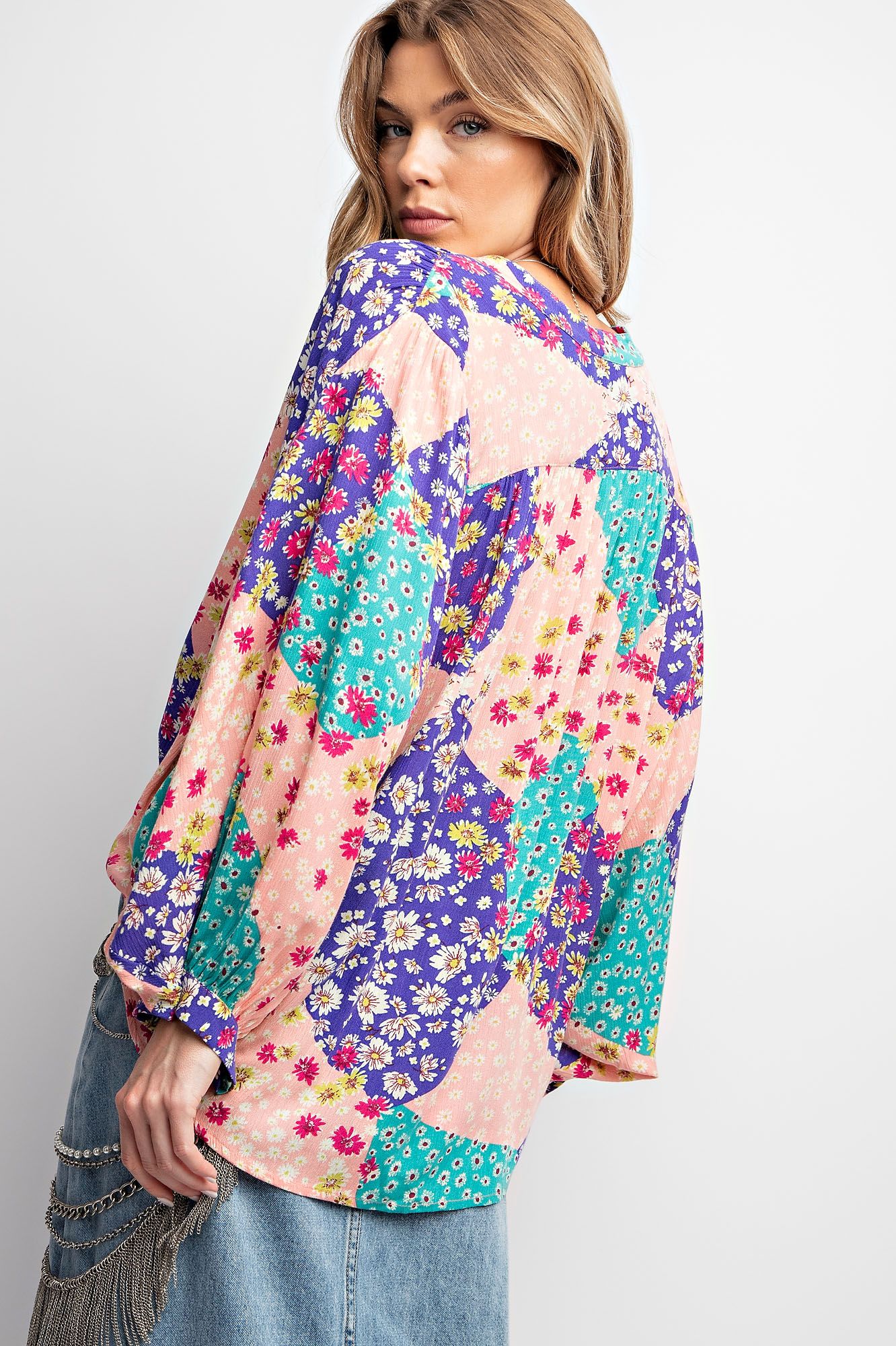 PATCHWORK PRINT GAUZE BUTTON DOWN TOP