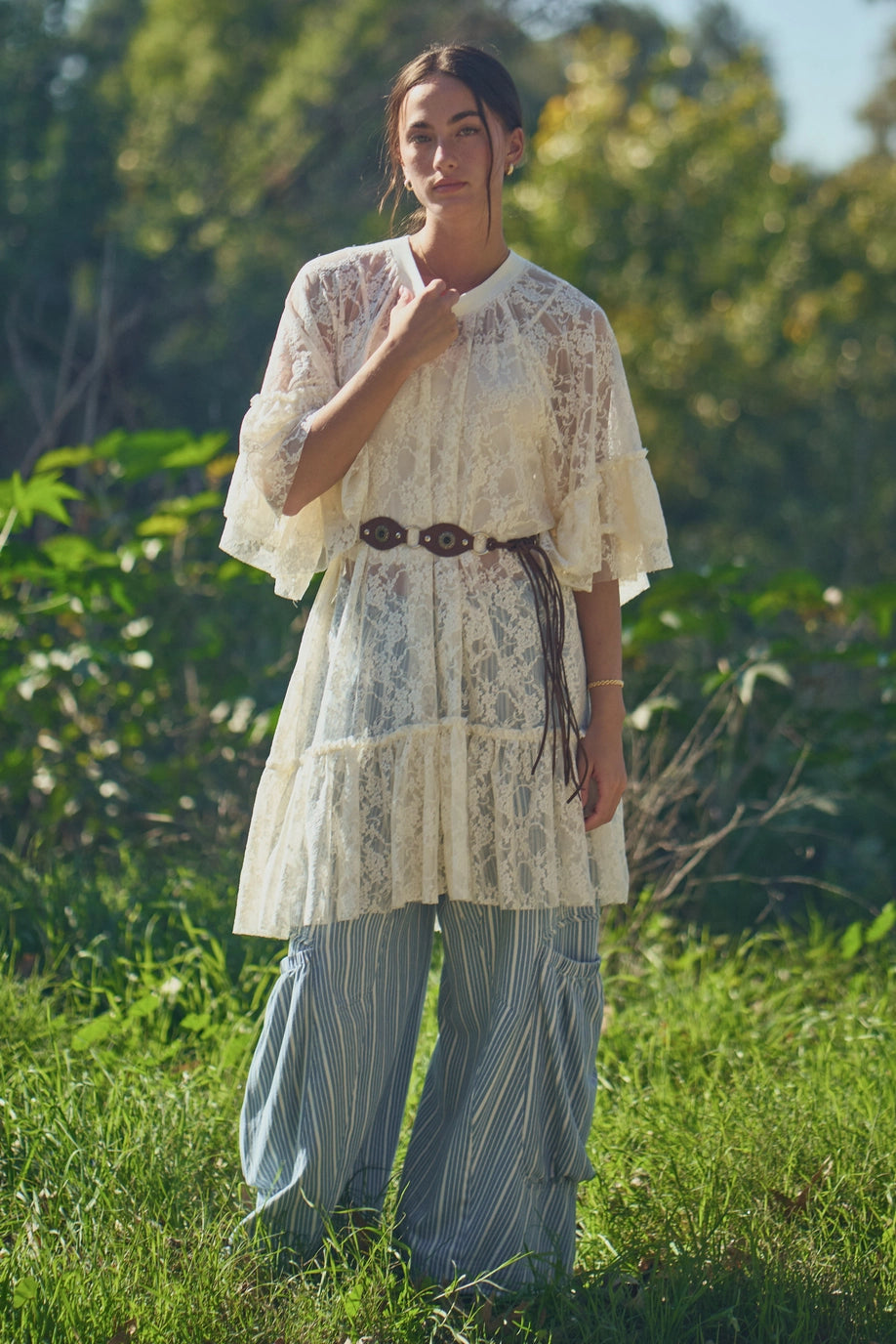 Sheered Lace Tiered Sleeve Flowy Tunic Top