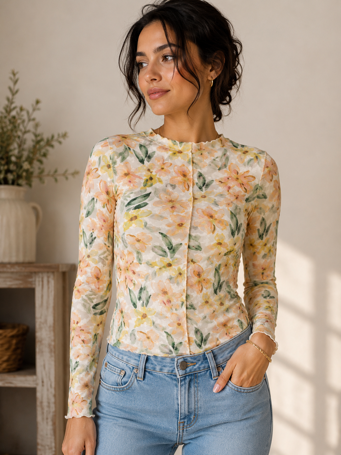 Watercolor Wildflower Mock Neck Top