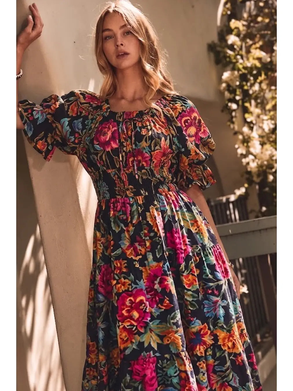 Dark Floral Smocked Puff Sleeve Maxi Dress