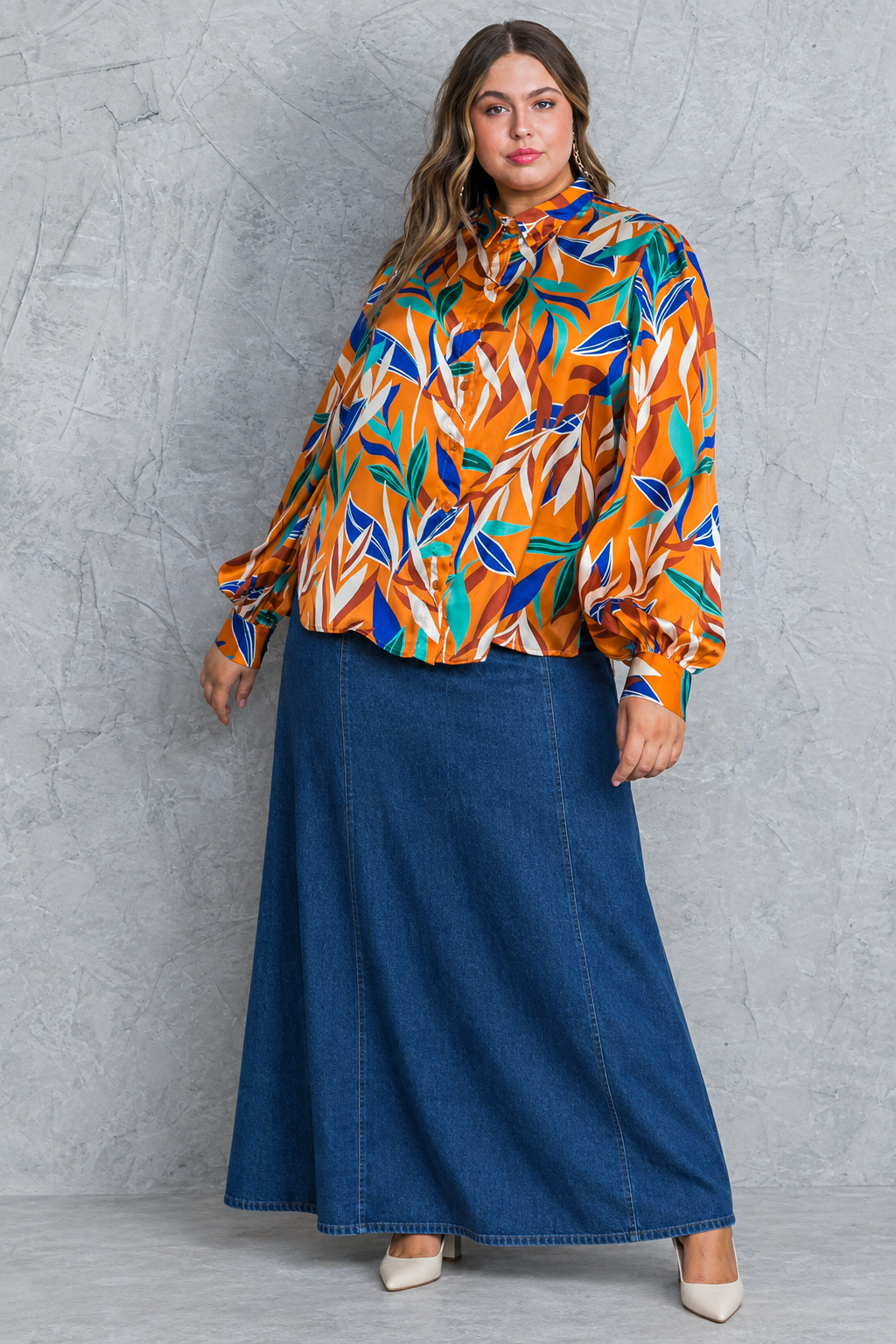 Orange Botanical Blouse & Denim Maxi Skirt Set