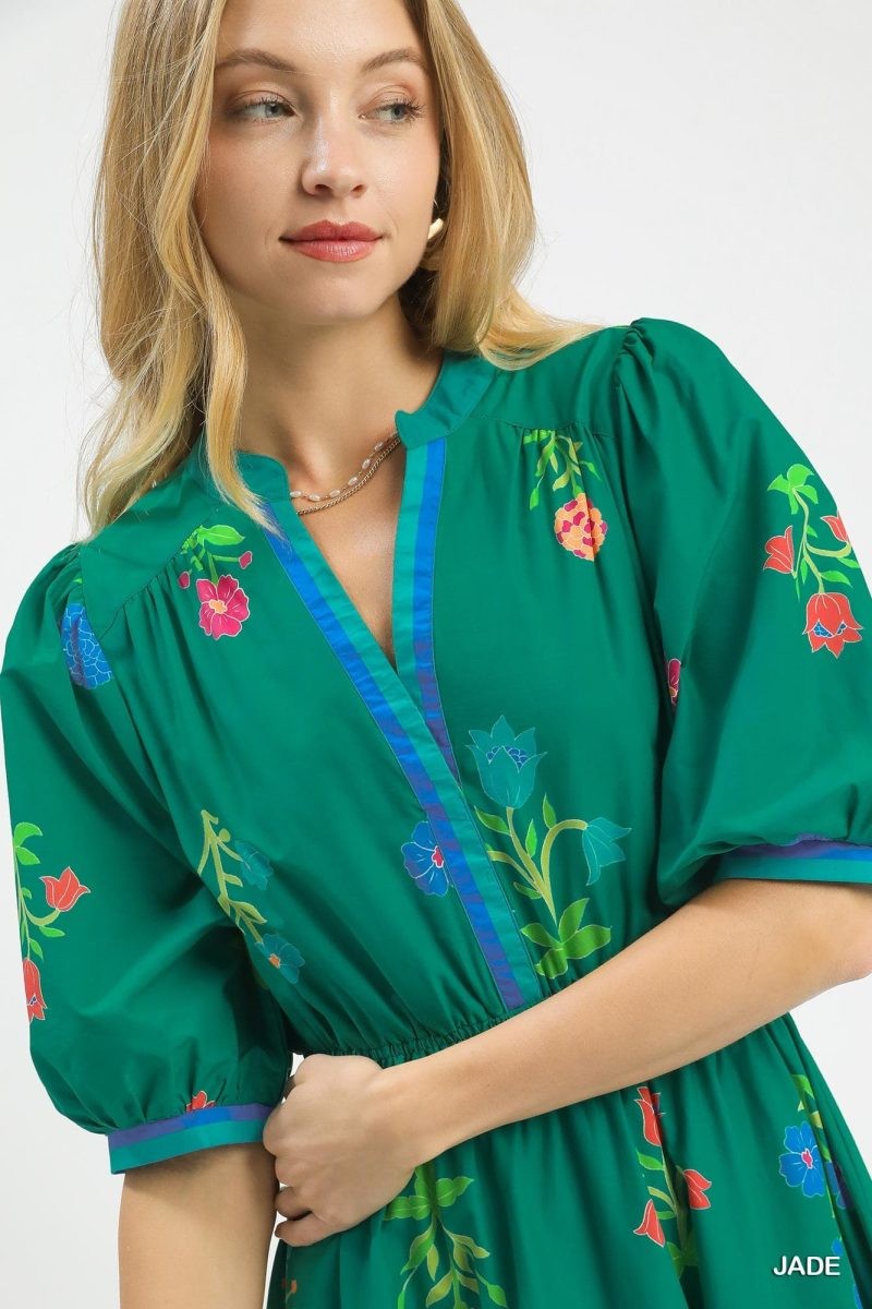 Color Options Floral Contrast-Trim Midi Dress