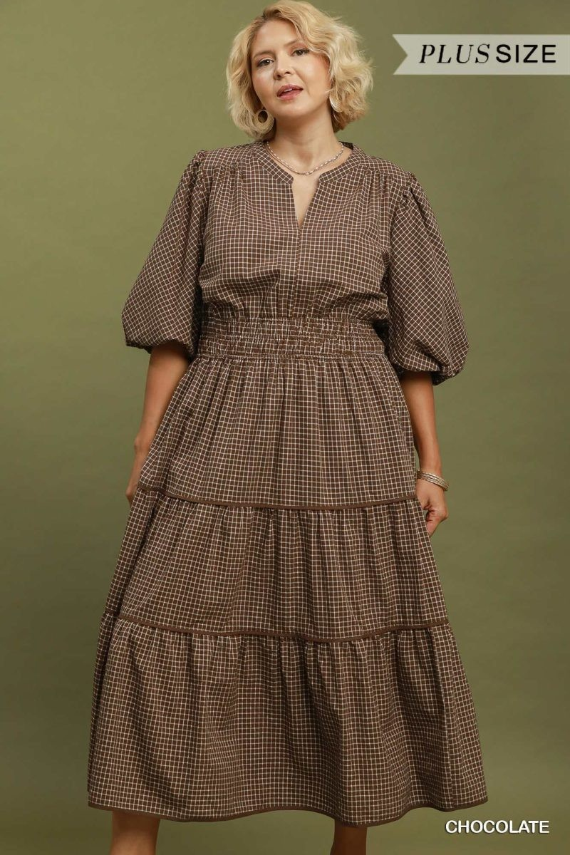 Plus size checked tiered midi dress in Chocolate with puff sleeves and smocked waist