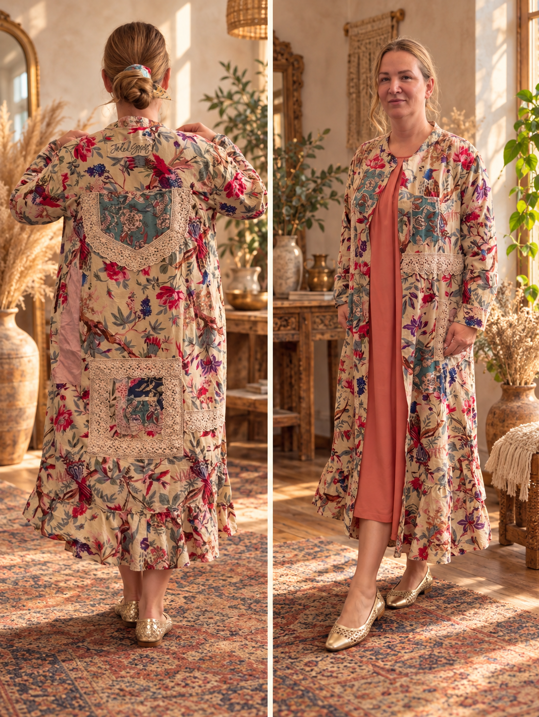 Front and back views of a cream floral print maxi kimono duster with colorful patchwork panels and cream crochet lace trim, long sleeves and a ruffled hem, worn open over a coral midi dress