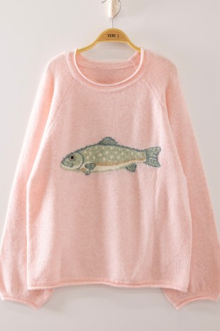 Blush pink long-sleeve crewneck sweatshirt with a vintage-style trout fish graphic across the front, shown on a hanger