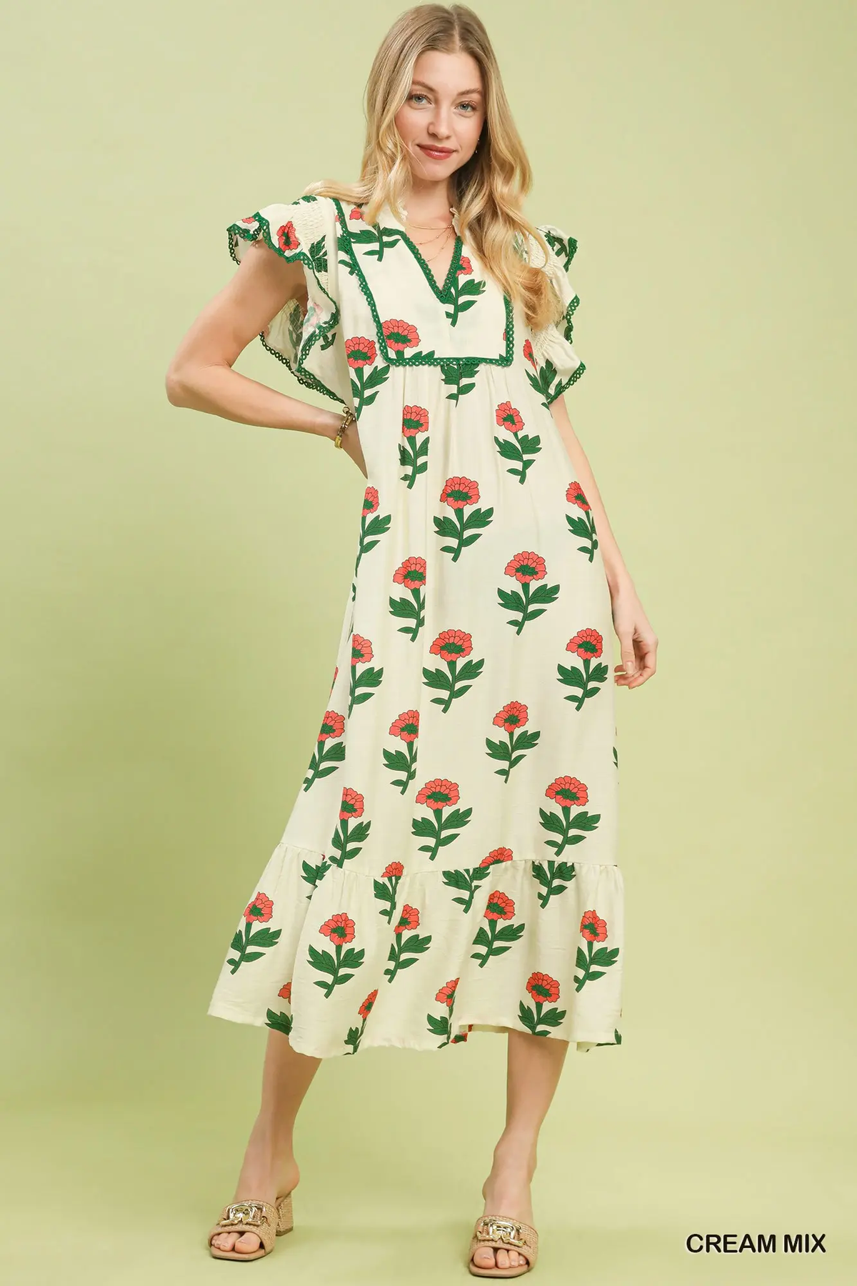 Cream Mix floral midi dress with pink flowers, green trim, flutter sleeves, and ruffled hem