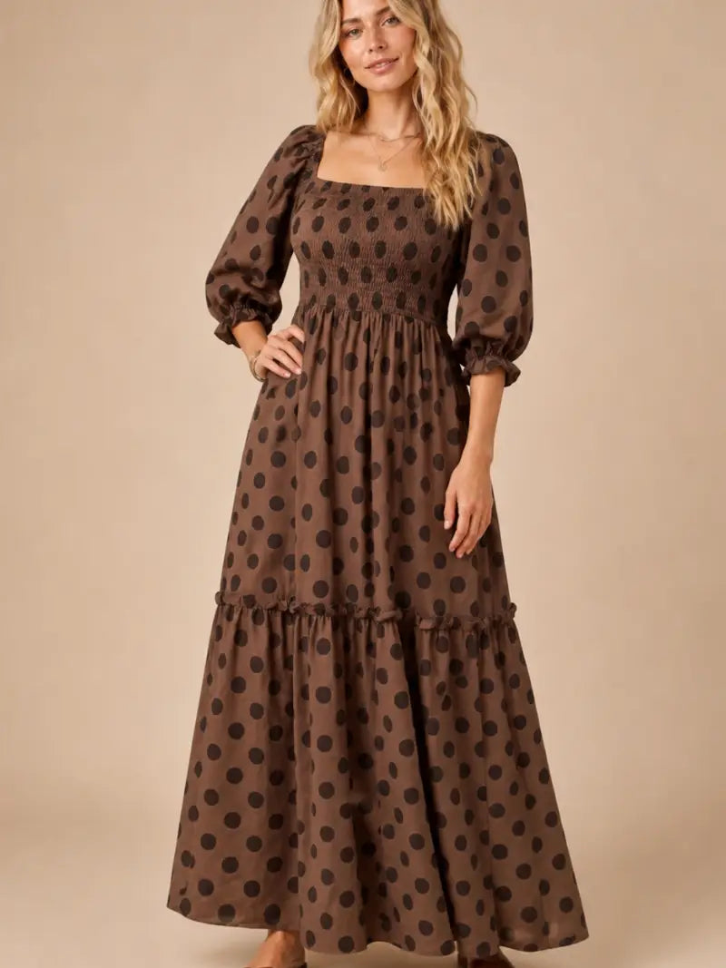 Chocolate Polka Dot Smocked Tiered Maxi Dress