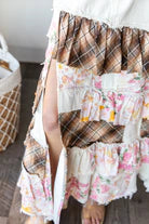WASHED PLAID FLOWER PATCHWORK MAXI SKIRT >> WITH SPLIT