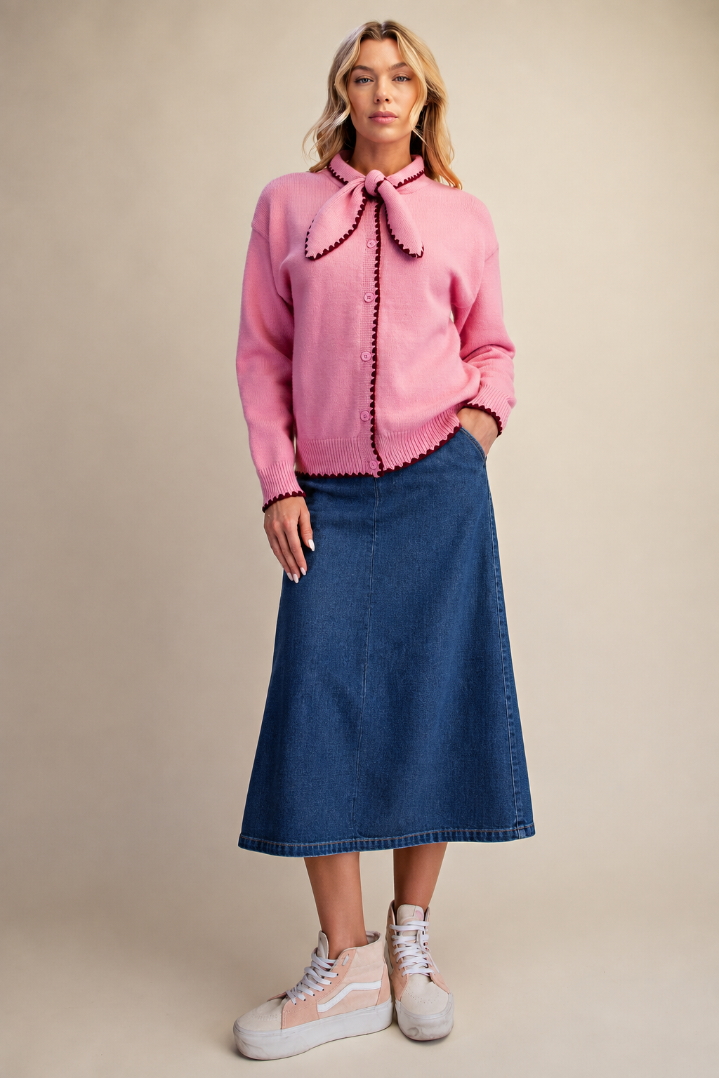 Pink Bow-Tie Contrast-Trim Cardigan