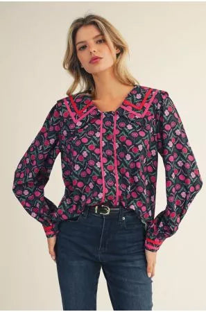 Dark Floral Fuchsia Trim Ruffle Neck Blouse