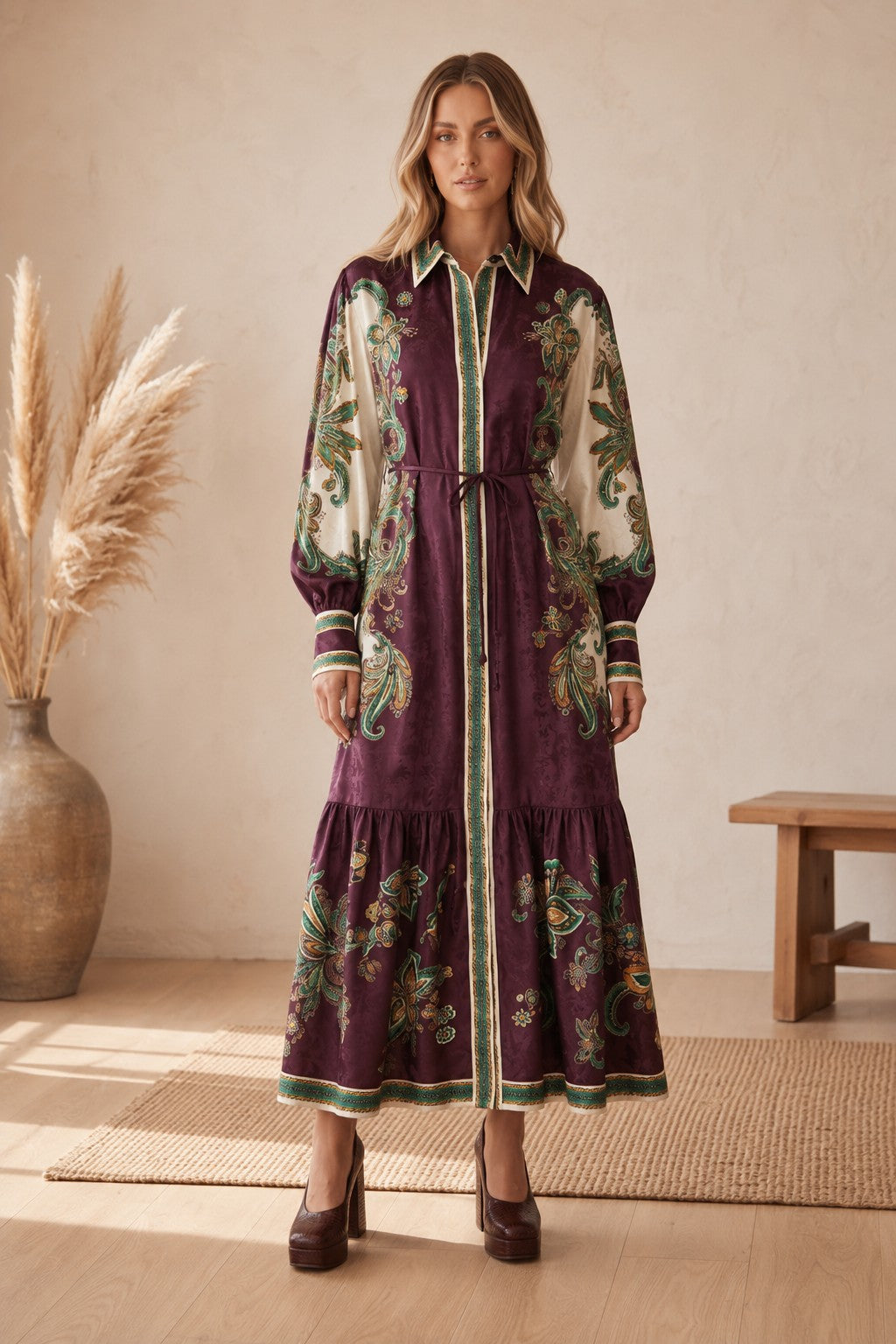 Plum Paisley Tiered Shirt Dress