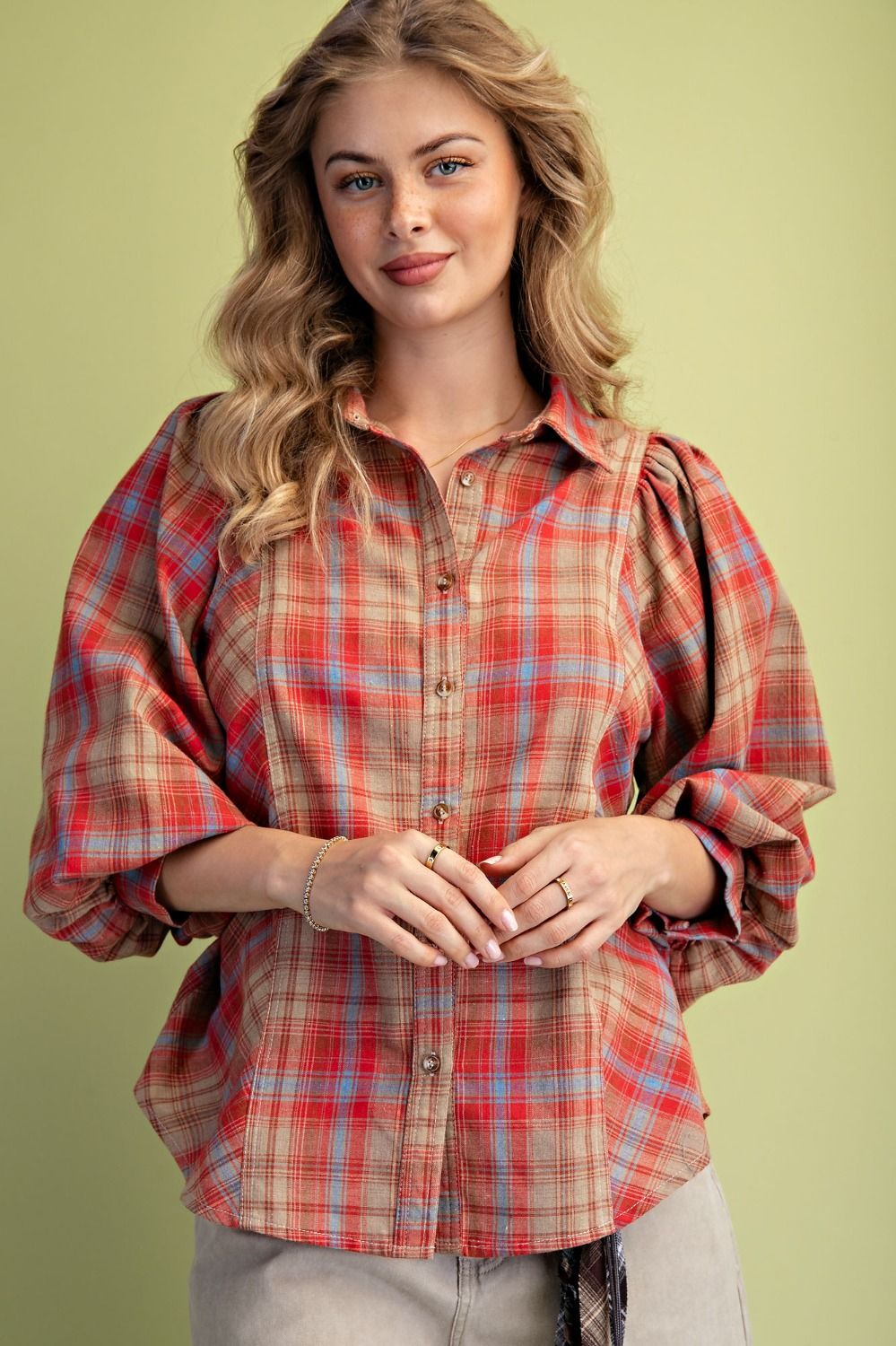 Harvest Plaid Statement-Sleeve Blouse