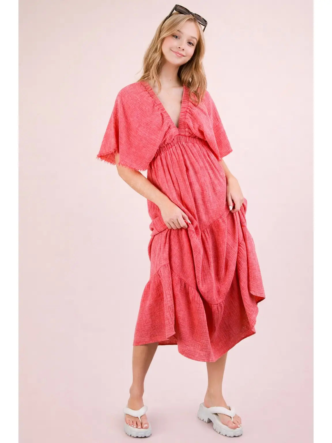 Textured Ruched V-Neck Tiered Midi Dress