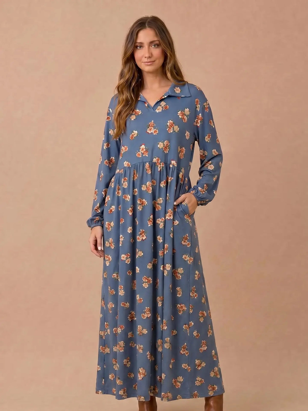 Dusty Blue Floral Collared Maxi Dress