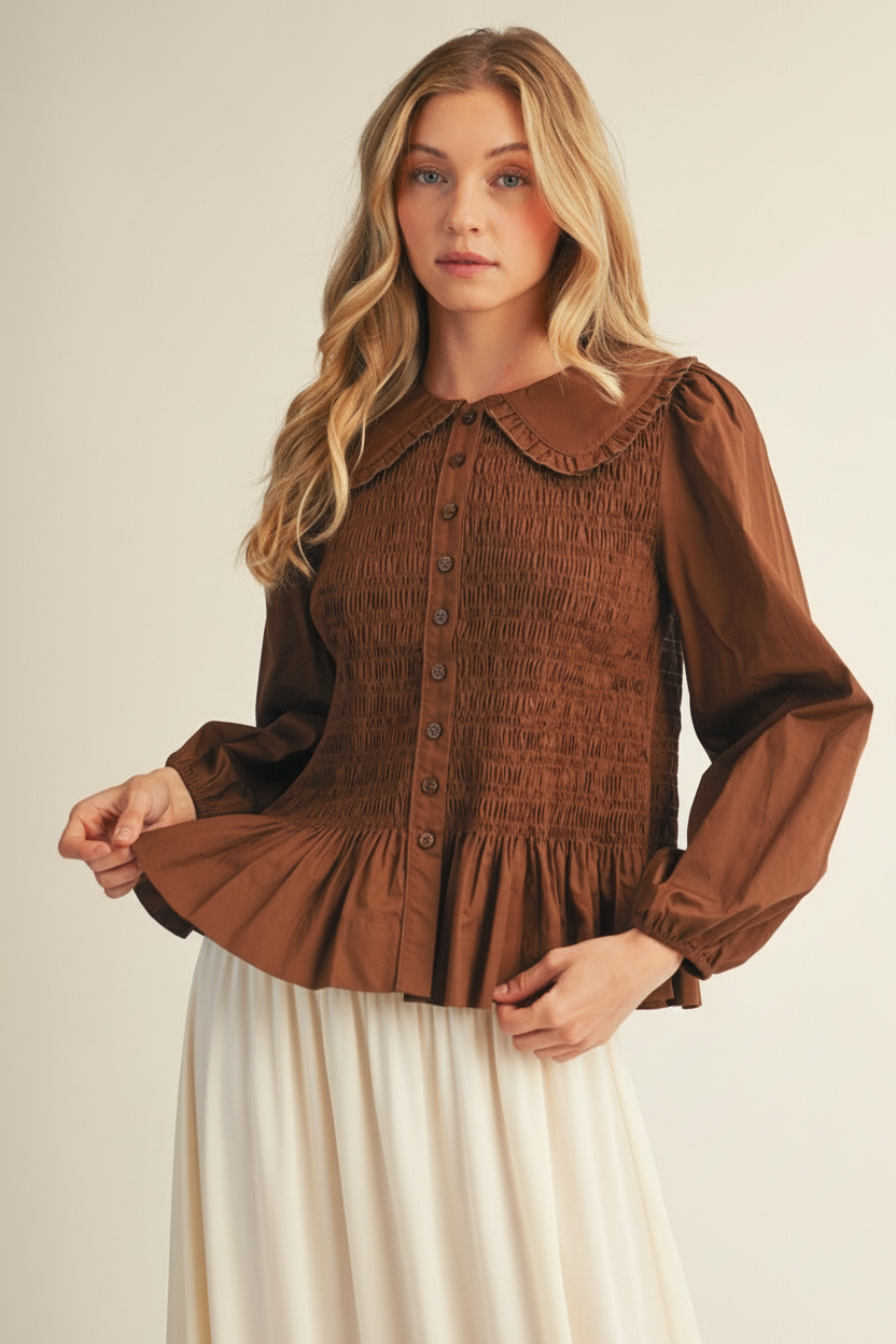 Smocked Bodice Peplum Top with Ruffle Collar