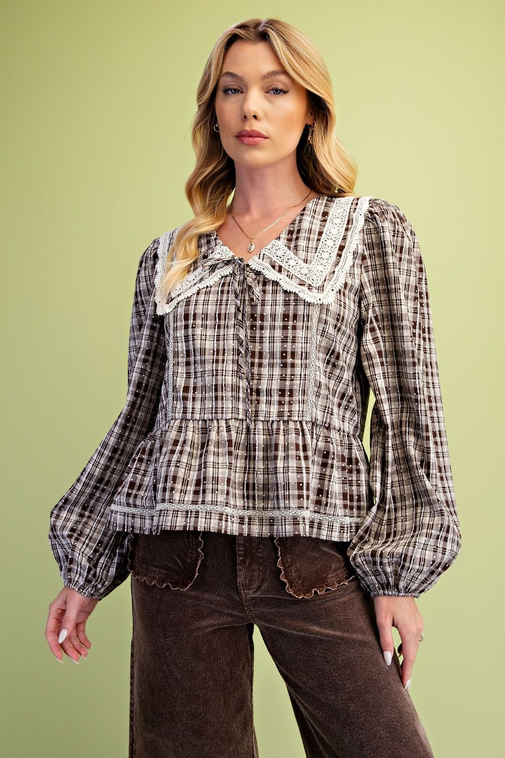 Plaid Lace-Collar Peplum Blouse