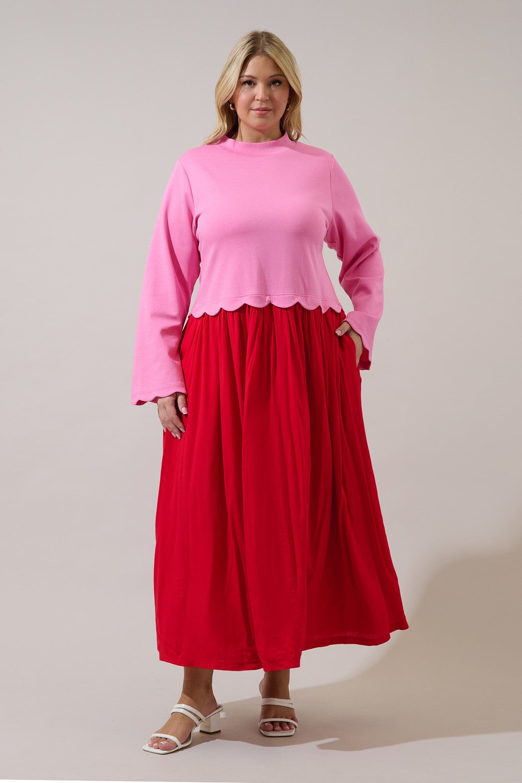 Pink Scalloped-Hem Long-Sleeve Top