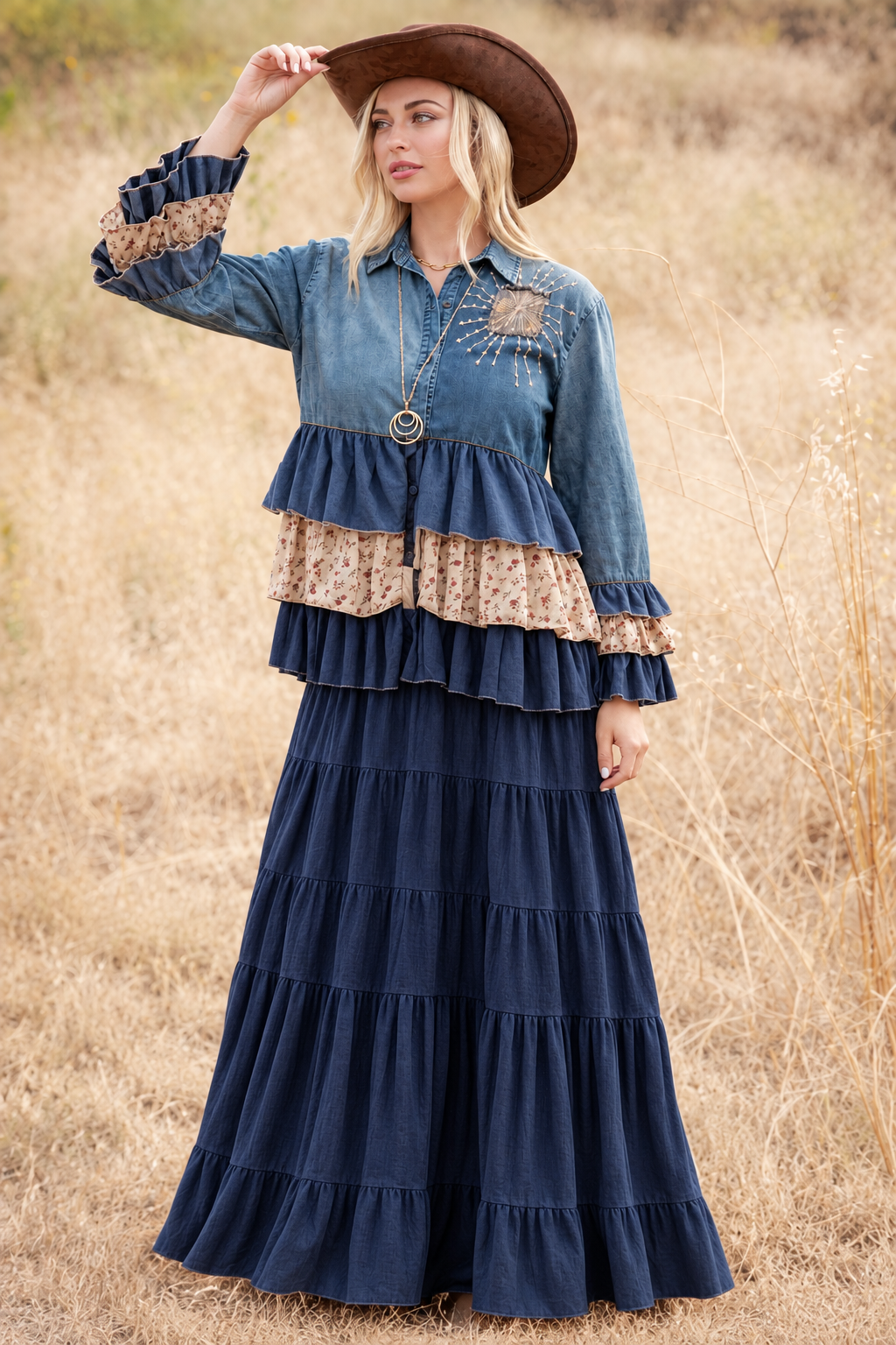 Denim Patchwork Ruffle Button-Front Blouse