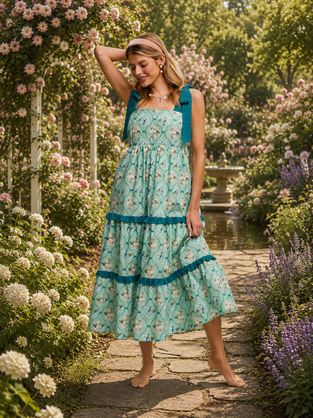 Tiered Floral Quilted Midi Dress