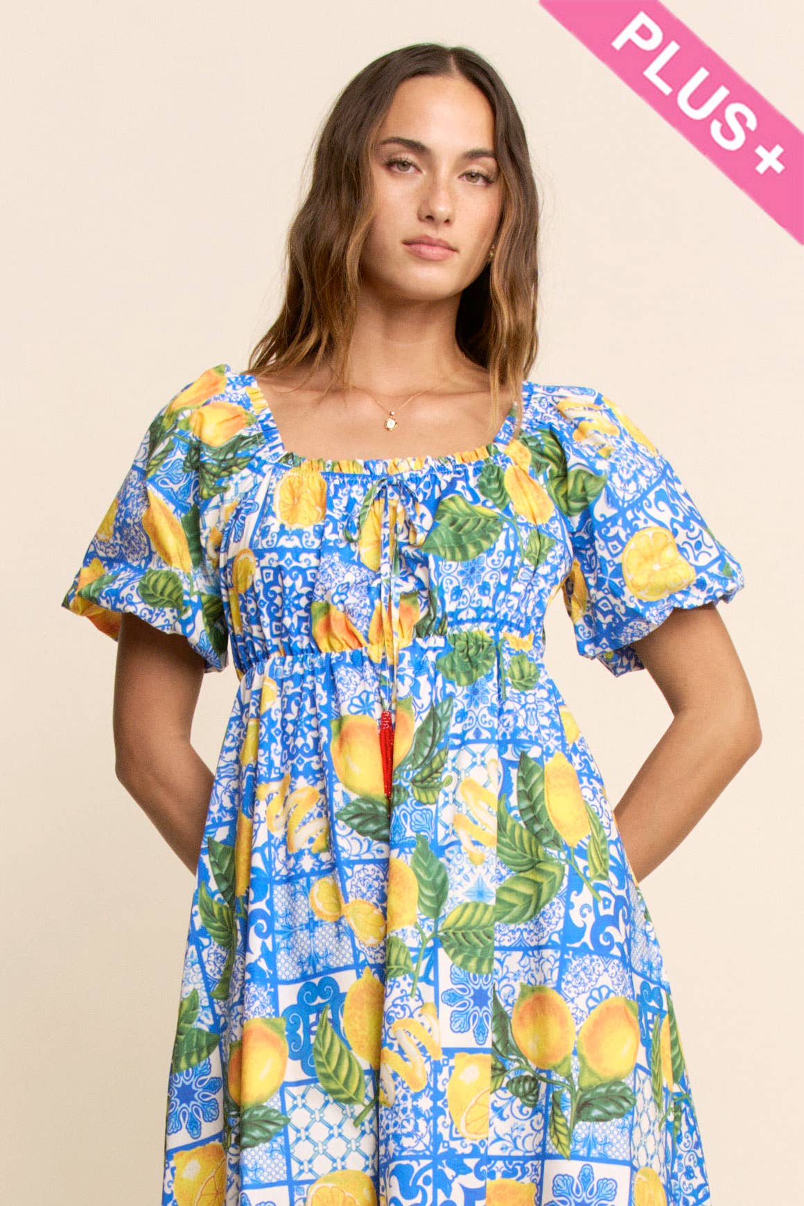 PLUS LEMON AZULEJO PUFFED SLEEVE SMOCK MIDI DRESS