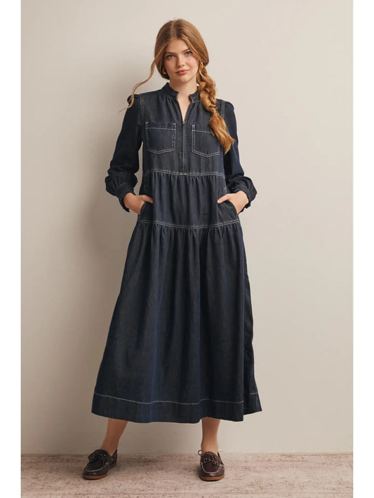 Dark Denim Tiered Zip-Front Maxi Dress