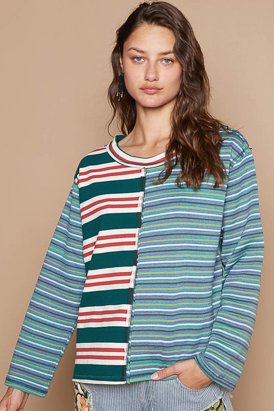 POL Stripe Patchwork Knit Top
