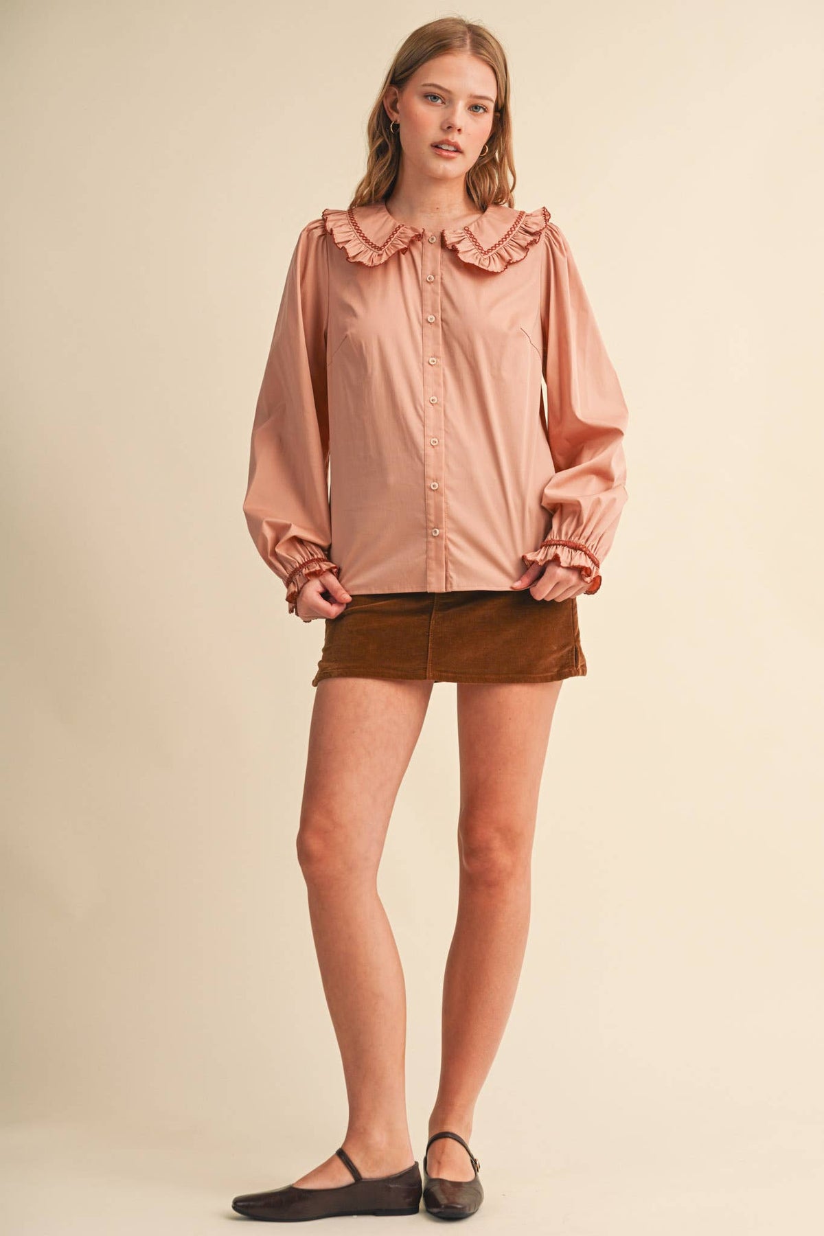 EMBROIDERED RUFFLED DOLL COLLAR BUTTON UP TOP MTP5154