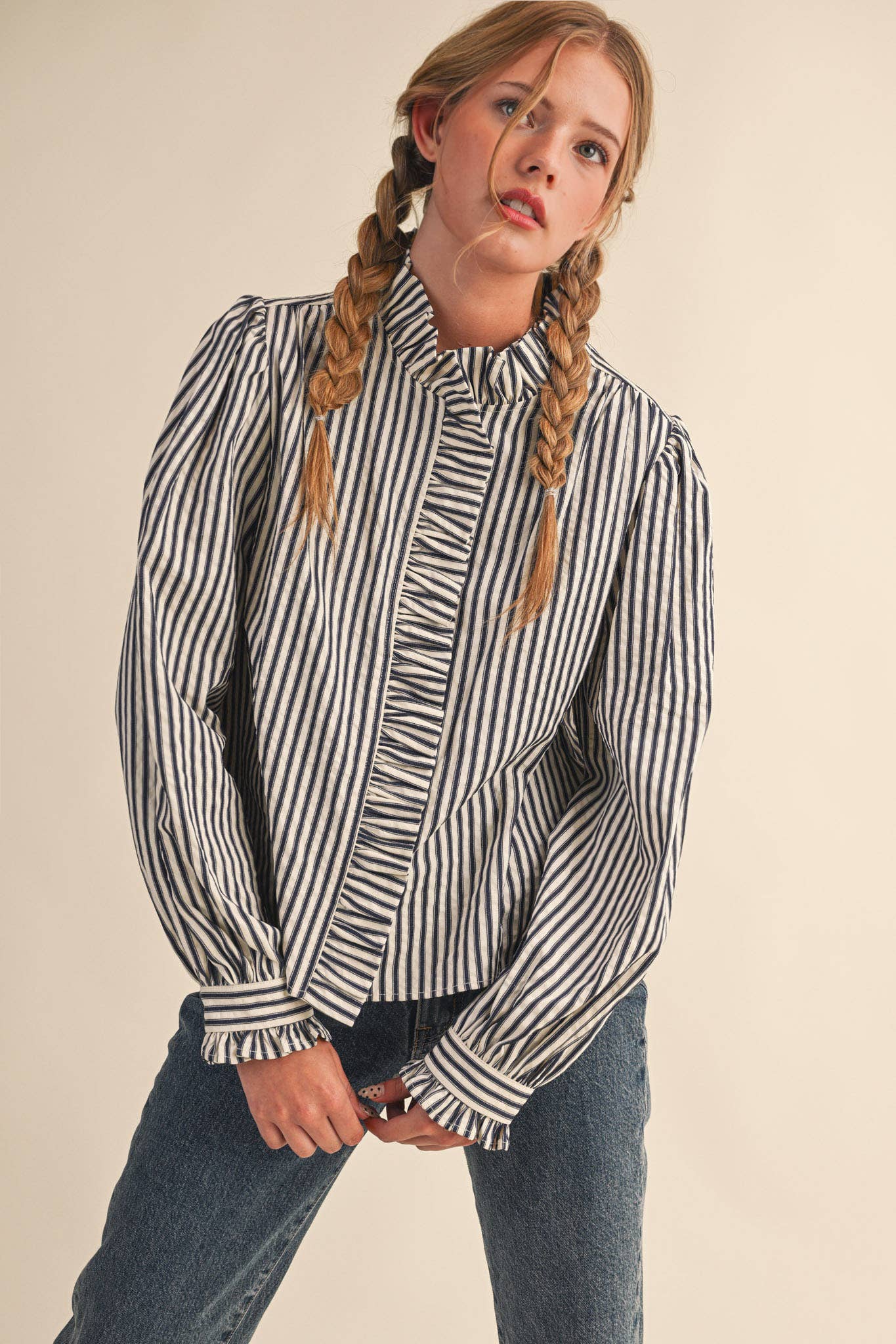 STRIPED RUFFLED BUTTON DOWN LONG SLEEVE TOP MTP4319