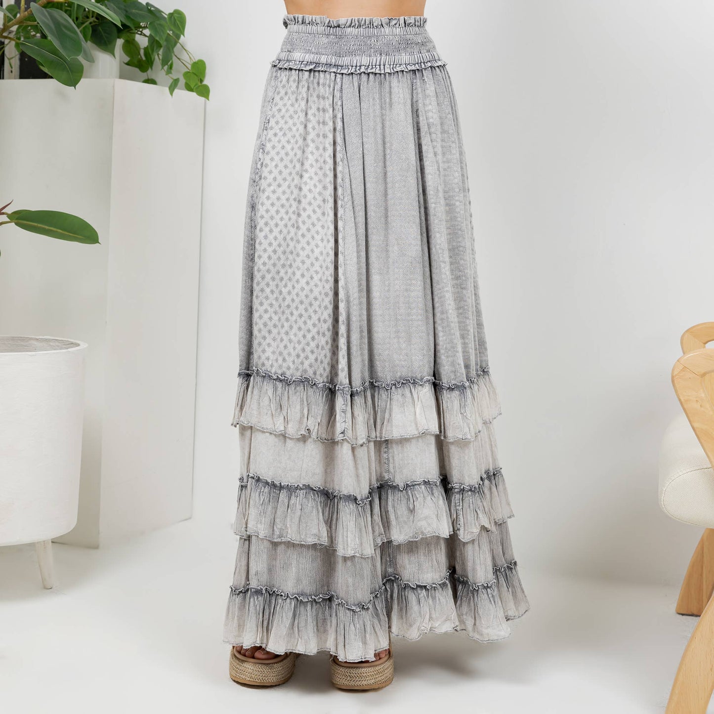 Rustic Smocked Waist Ruffled Tiered Maxi Skirt