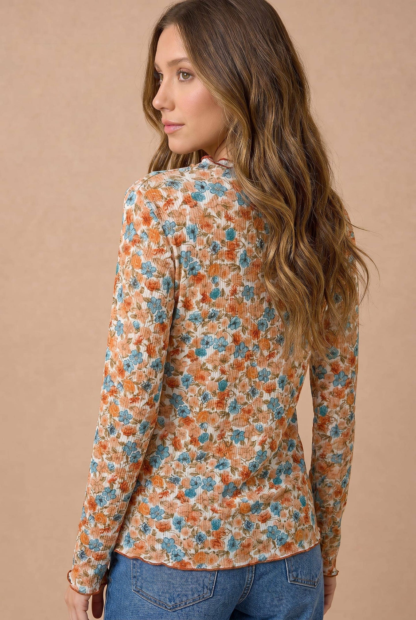 Plus Mock Neck Frilled Floral Print Rib Knit Top