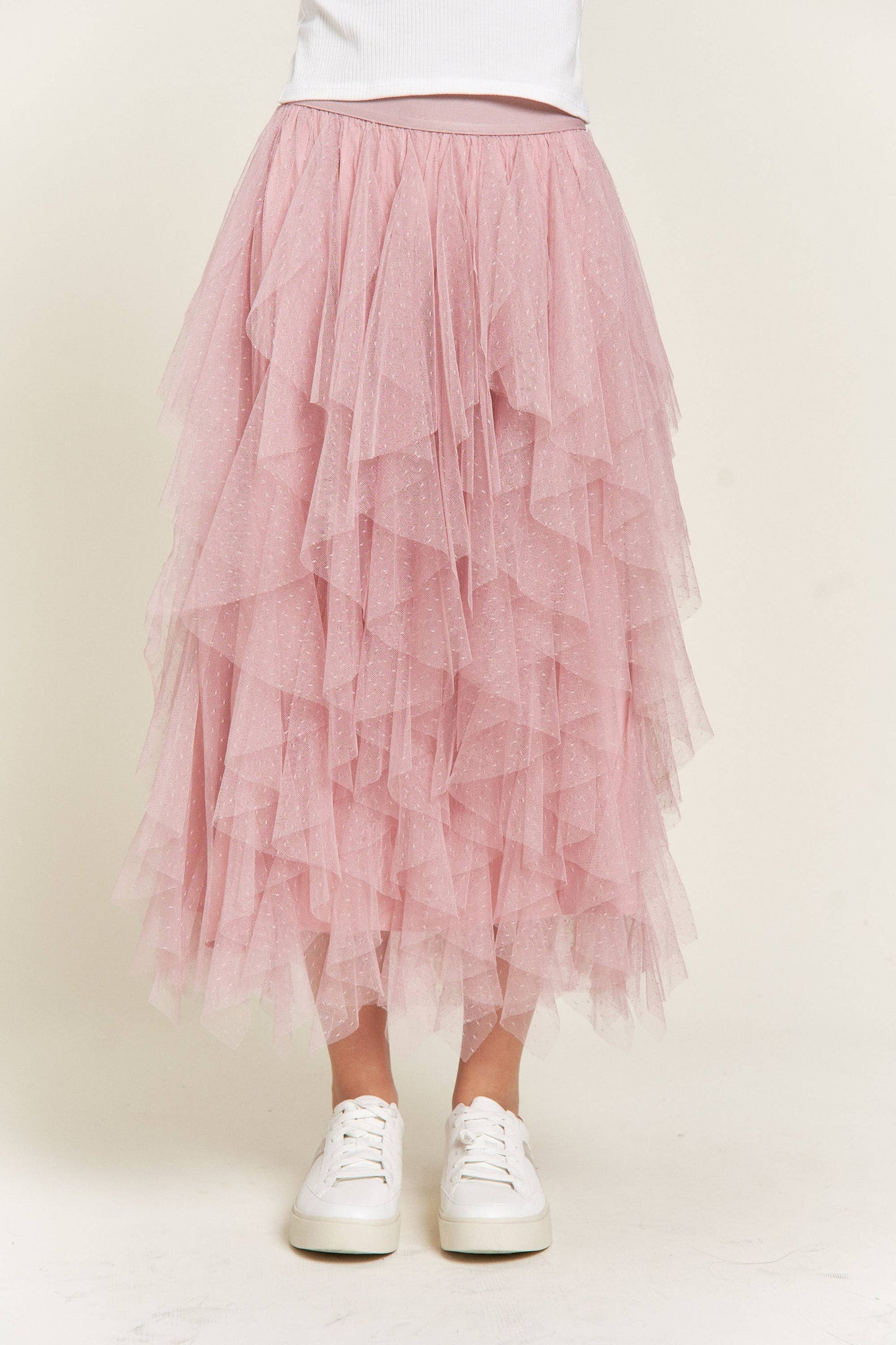 Layered Polka Dot Mesh Lined A-Line Midi Skirt JJB6007