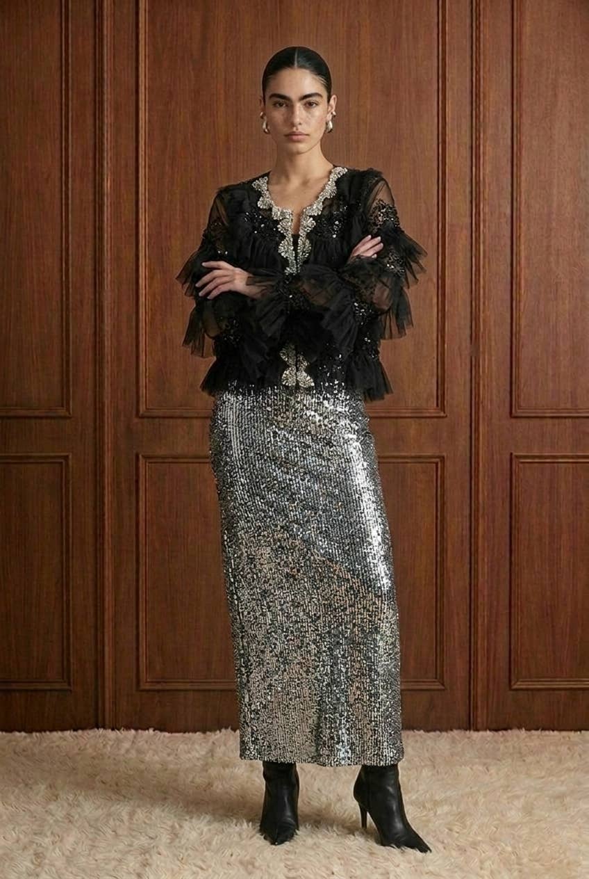 Embellished Tiered Ruffle Mesh Jacket
