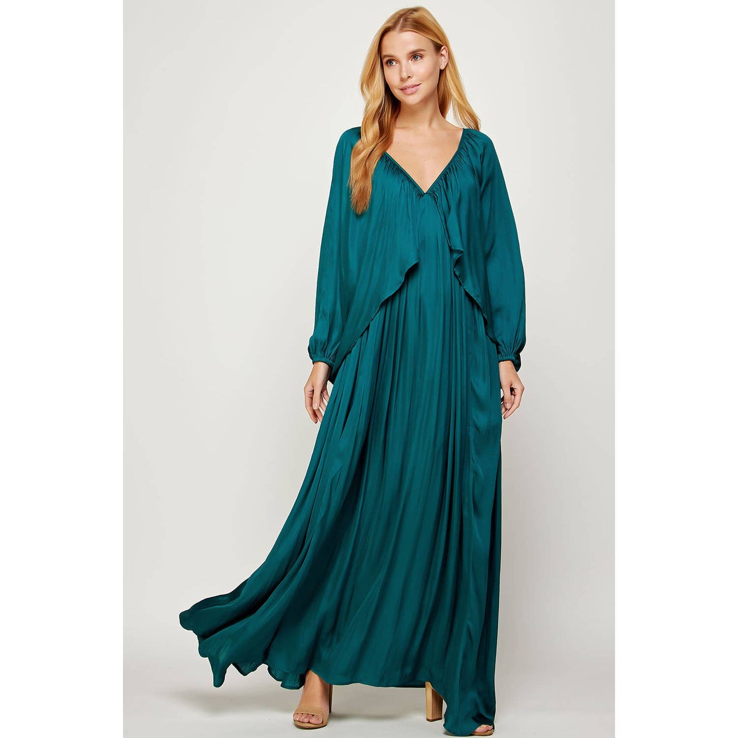 Shirred Satin Balloon Sleeve Maxi Dress