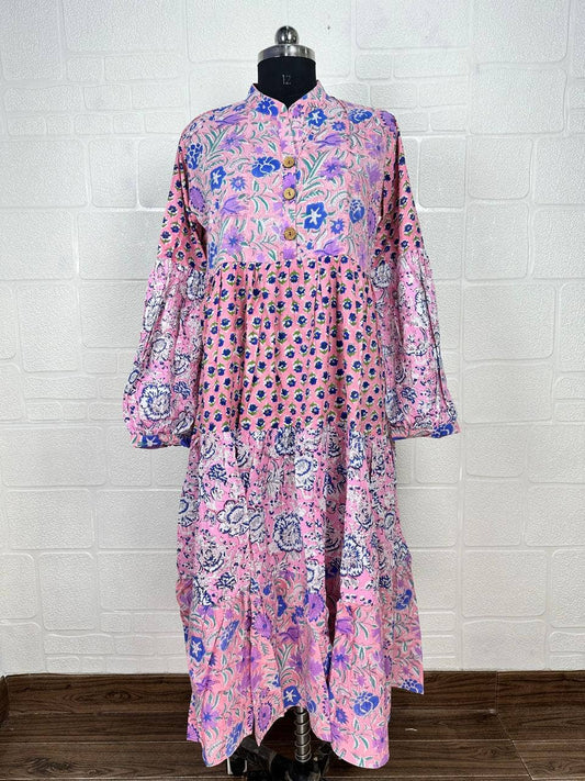 Pink 3 Layer Maxi Dress Pure Cotton Hand Block Print OneSize
