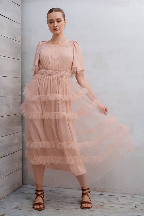 SHORT SLEEVE TULLE TIER MIDI DRESS