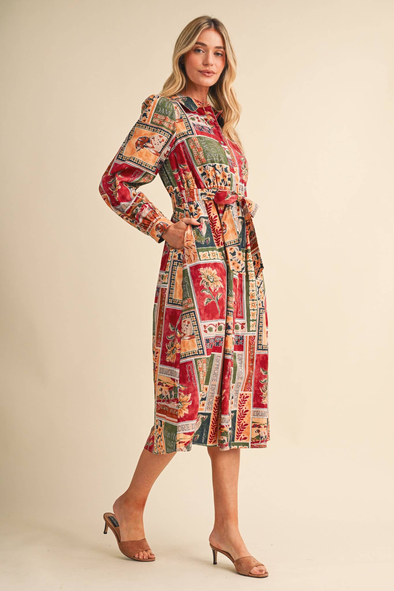 PATCHWORK PRT EMBELLISHED BUTTON DWN BELTED MIDI DRS MDR5359