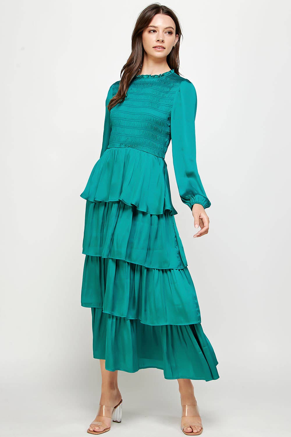 Smocked Detail Satin Tiered Dress