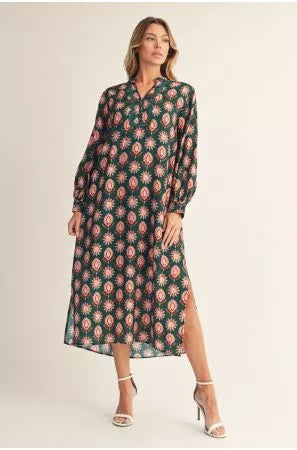 Medallion Print Long Sleeve Midi Shirt Dress