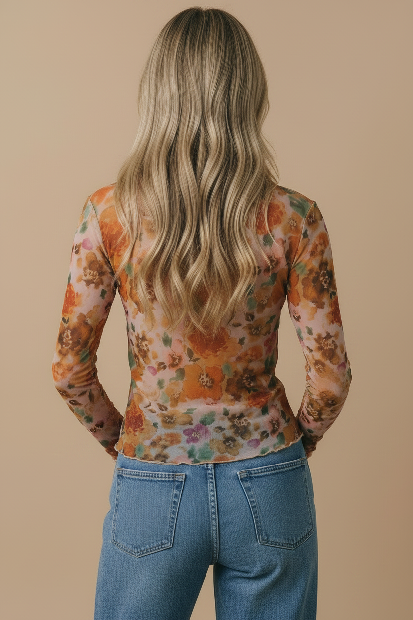 Plus Floral Mesh Frilled Merrow Hem Top