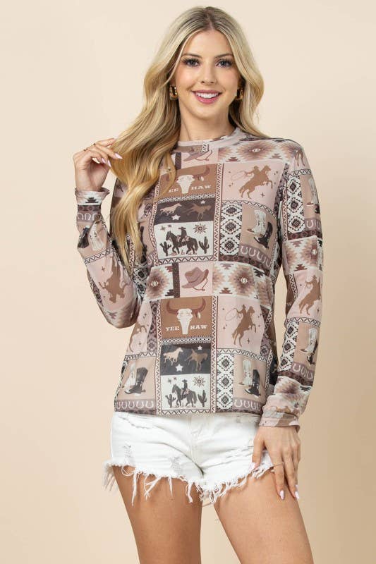 AV1230-AMY-6274 WESTERN PRINT SEMI SHEER MESH TOP